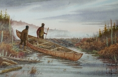 A birchbark canoe being launched by two men near a beaver dam.