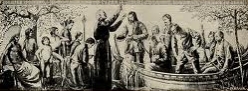 An historic image of the Jesuit missionary Jacques Marquette preaching to Europeans and First Nations people.