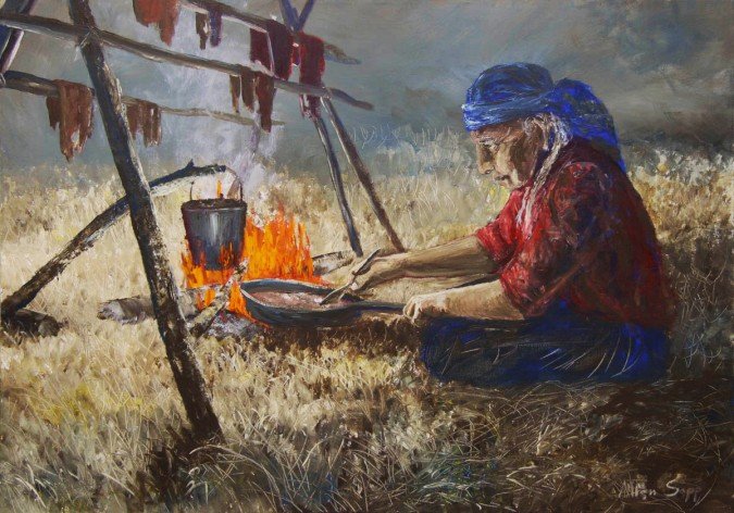 An Allen Sapp painting of his Kokum drying meat and cooking chokecherries over an open fire.