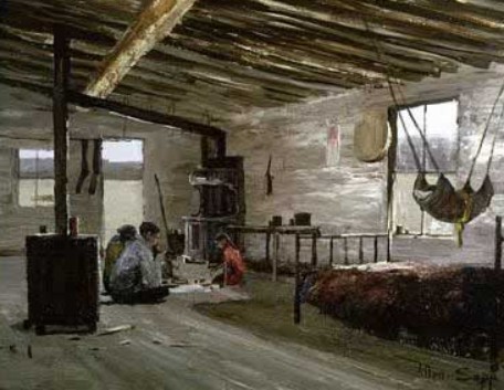 A painting by Allen Sapp of the interior of the home showing his family sharing a meal on the floor.