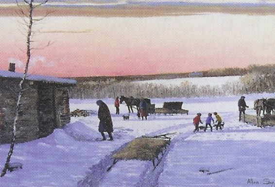 "They All Came to Visit" is a painting by Allen Sapp that show horse drawn sleds arriving with many people who have come to visit.