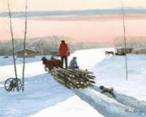 Image by Allen Sapp of a man hauling wood by horse and sled.