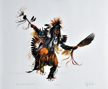 Cyril Assiniboine painting of a pow wow dancer called "To the Beat of the Drum"