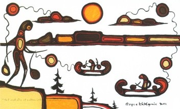 A painting by Goyce Kakegamic showing stylized images that represent The legend of The Sleeping Giant