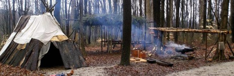 A photograph of a First Nations maple sugar camp.