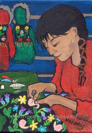 A Nokomis painting showing a woman beading the yolk of what will become a jacket.