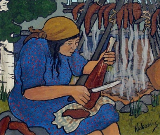 A Nokomis painting of a woman slicing strips of meat from a leg bone in preparation for drying it over a smoking fire.