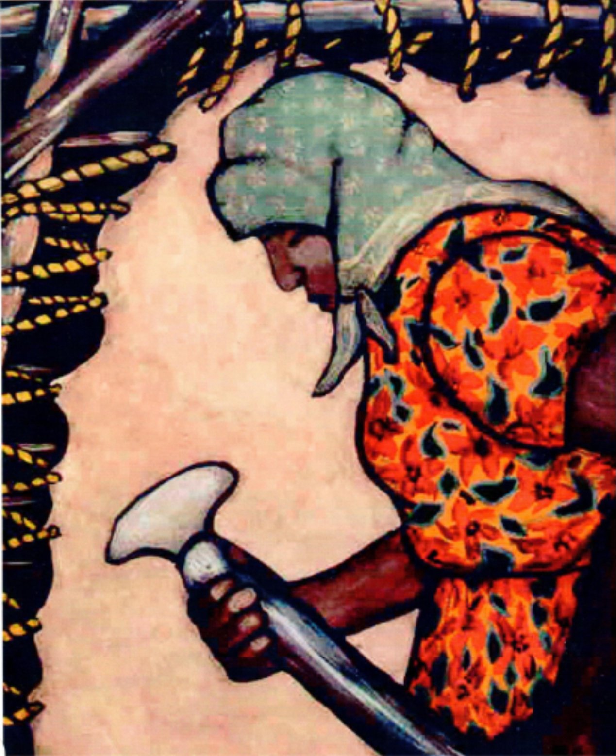 A painting by Nokomis showing her grandmother scraping a hide.