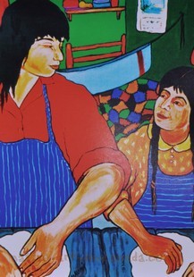 A Painting of Nokomis and her mother making bannock.