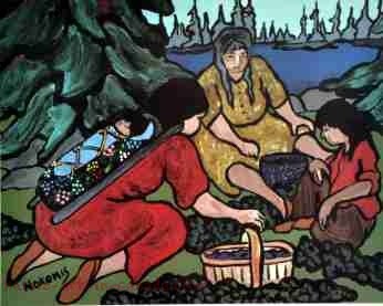 Nokomis painting of three Ojibwa women picking blueberries in August.