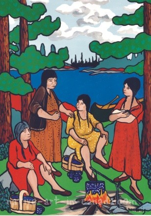 A painting by the ojibwa artist Nokomis showing women talking about pregnancy, babies and birth.